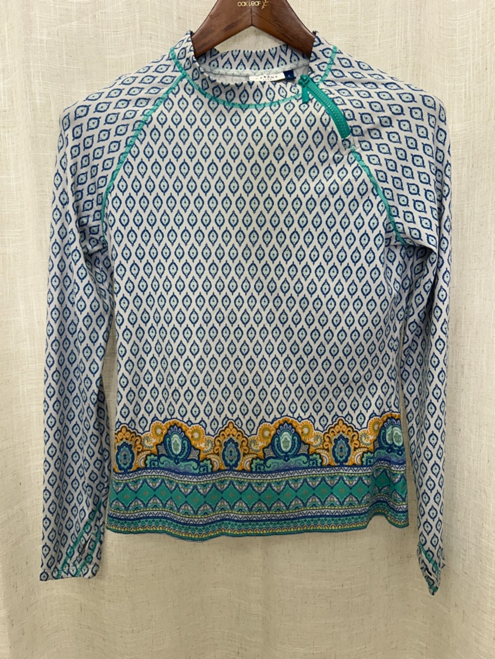 Cabana Life Blue & White Print Rash Guard Top Size Small Excellent Condition